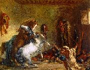 Arab Horses Fighting in a Stable Eugene Delacroix